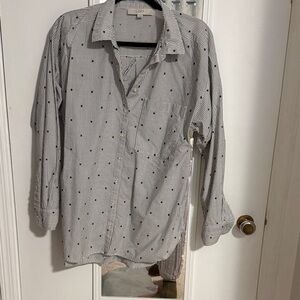 LOFT Women’s Navy and White Pinstripe Button-Down Shirt with Dot Accent